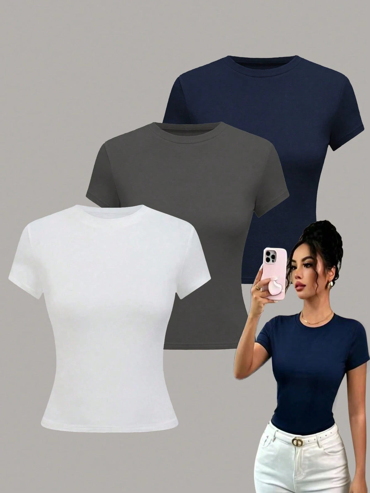 Nooralise Women's Solid Color Round Neck Short Sleeve Casual Versatile T-Shirt Everyday Navy Blue Dark Grey White Summer