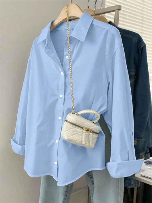 NostaNoir Women's Solid Color Single-Breasted Casual Loose Long Sleeve Shirt
