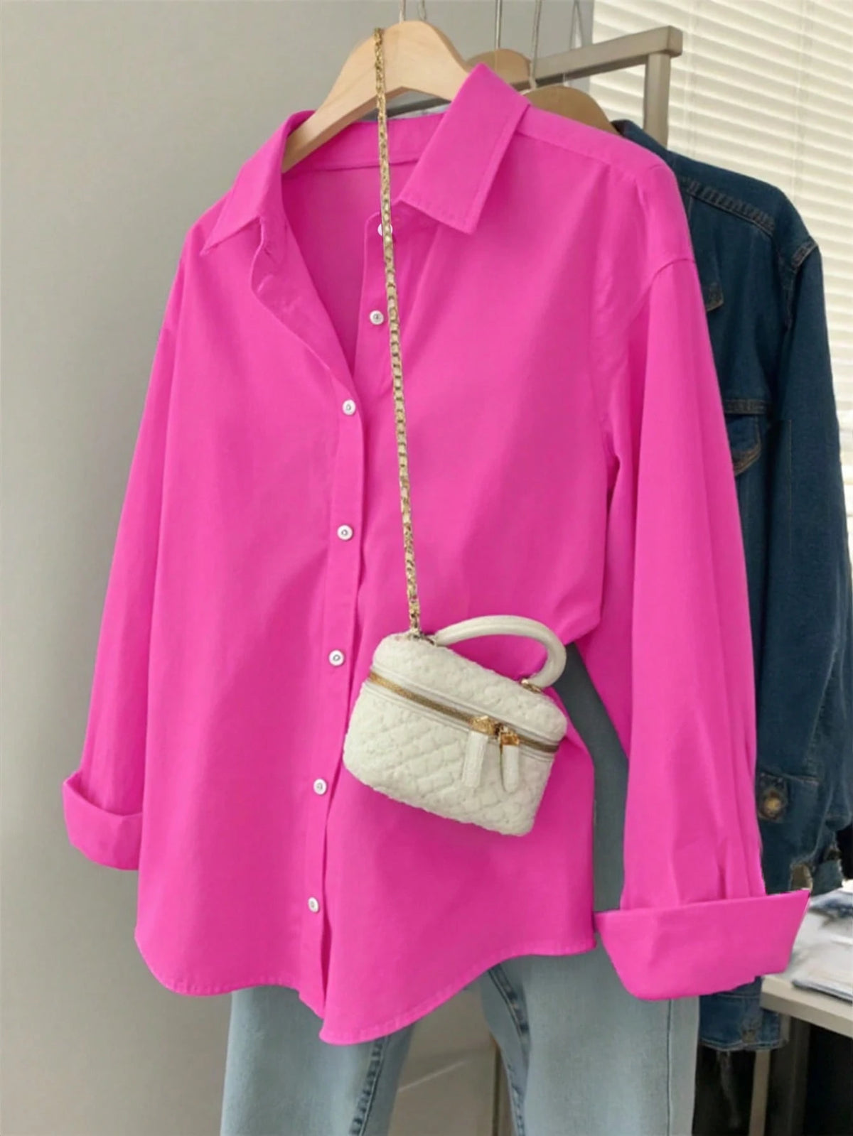 NostaNoir Women's Solid Color Single-Breasted Casual Loose Long Sleeve Shirt
