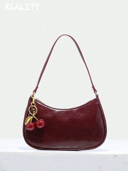 Novachic, Women's Fall Outfits, Cute Pendant Decor, Cherry Pendant, Women's Minimalist Shoulder Bag, Zipper Closure, Retro Style, Underarm Bag,Kawaii