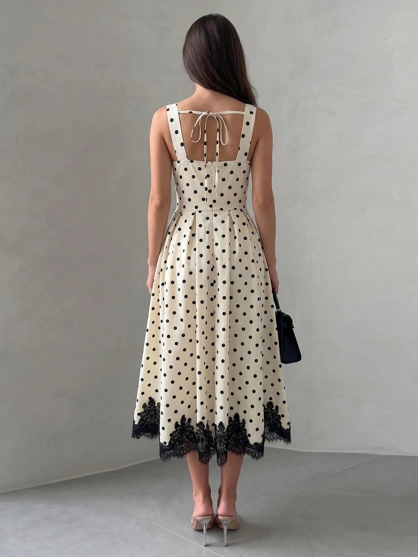 NOVVYNE Women's Spring/Summer Woven Digital Print Polka Dot Sleeveless Tie-Up A-Line Dress With Black Lace Trim, Elegant And Romantic Elegant Party Dresses
