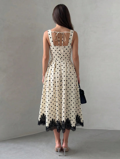 NOVVYNE Women's Spring/Summer Woven Digital Print Polka Dot Sleeveless Tie-Up A-Line Dress With Black Lace Trim, Elegant And Romantic Elegant Party Dresses