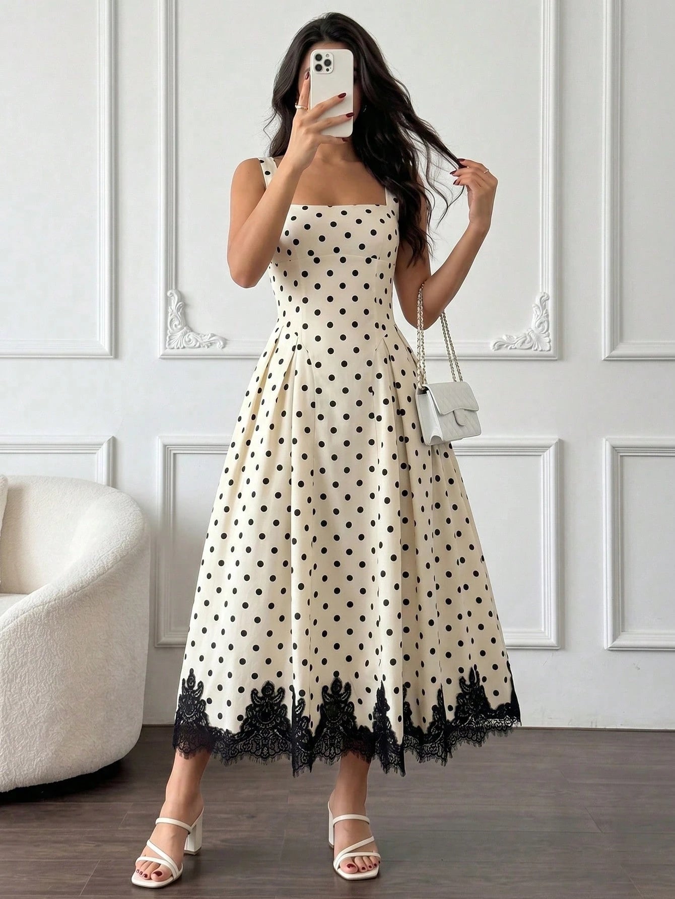 NOVVYNE Women's Spring/Summer Woven Digital Print Polka Dot Sleeveless Tie-Up A-Line Dress With Black Lace Trim, Elegant And Romantic Elegant Party Dresses