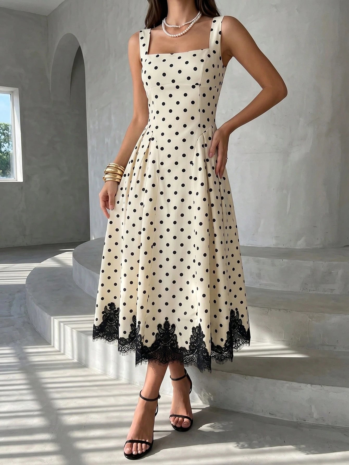 NOVVYNE Women's Spring/Summer Woven Digital Print Polka Dot Sleeveless Tie-Up A-Line Dress With Black Lace Trim, Elegant And Romantic Elegant Party Dresses
