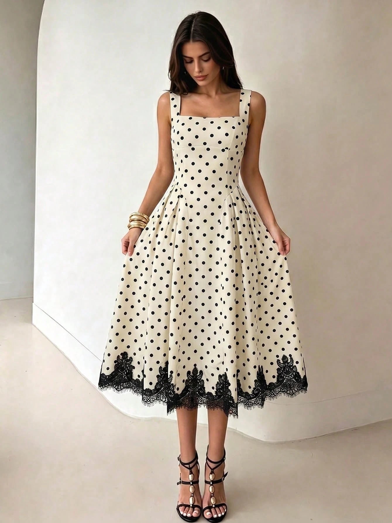NOVVYNE Women's Spring/Summer Woven Digital Print Polka Dot Sleeveless Tie-Up A-Line Dress With Black Lace Trim, Elegant And Romantic Elegant Party Dresses