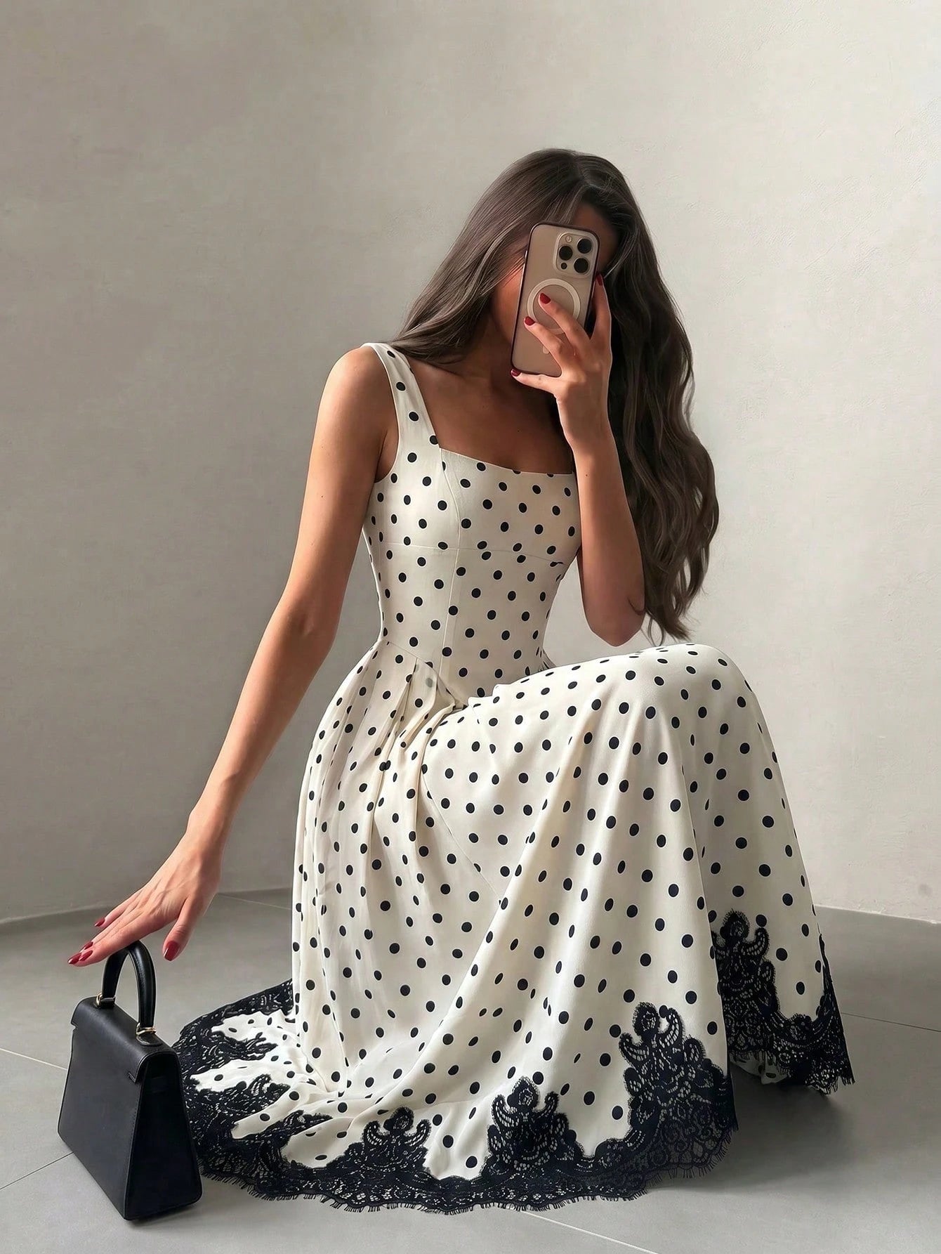 NOVVYNE Women's Spring/Summer Woven Digital Print Polka Dot Sleeveless Tie-Up A-Line Dress With Black Lace Trim, Elegant And Romantic Elegant Party Dresses