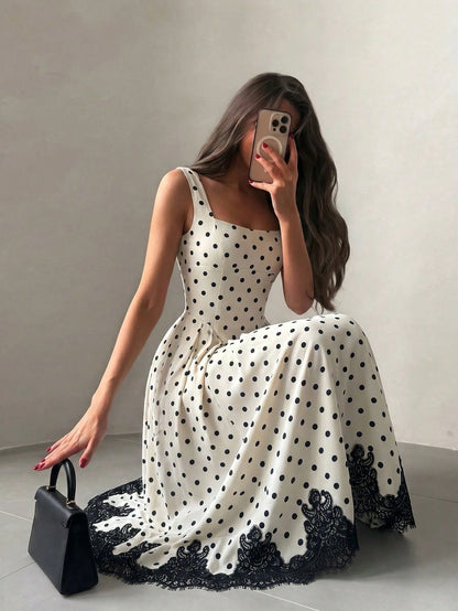 NOVVYNE Women's Spring/Summer Woven Digital Print Polka Dot Sleeveless Tie-Up A-Line Dress With Black Lace Trim, Elegant And Romantic Elegant Party Dresses