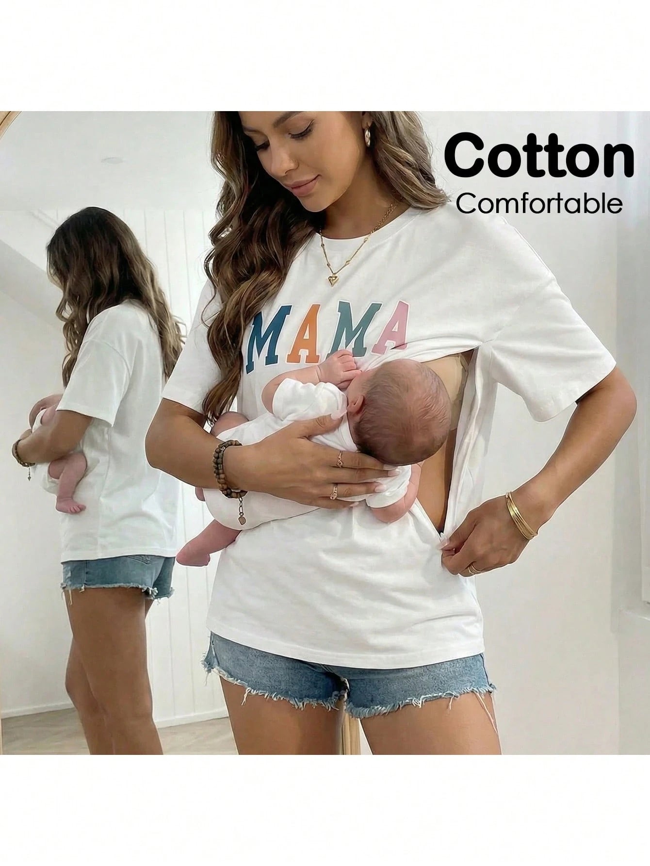 Nursing Maternity Round Neck Letter Print Casual Short Sleeve T-Shirt