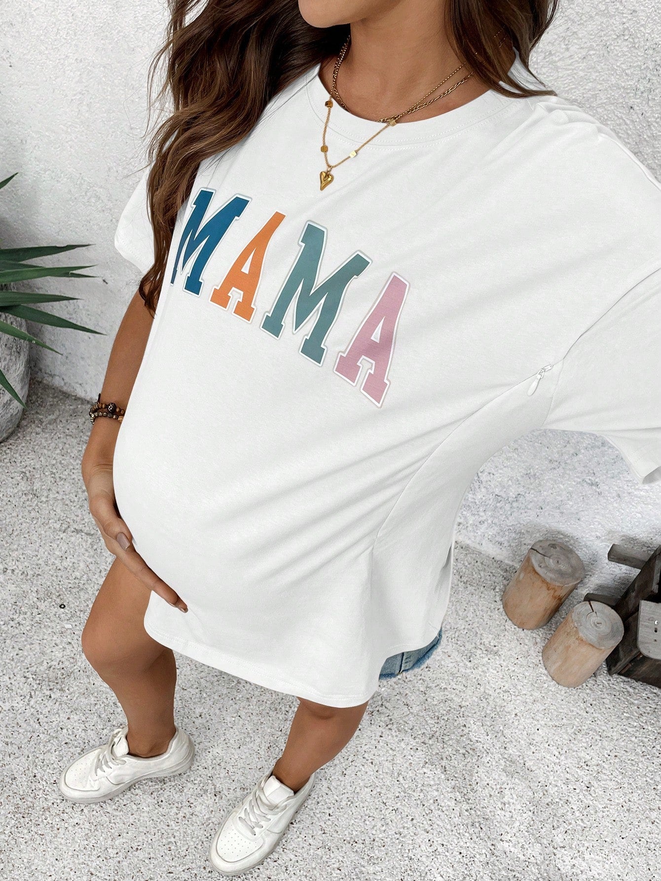 Nursing Maternity Round Neck Letter Print Casual Short Sleeve T-Shirt