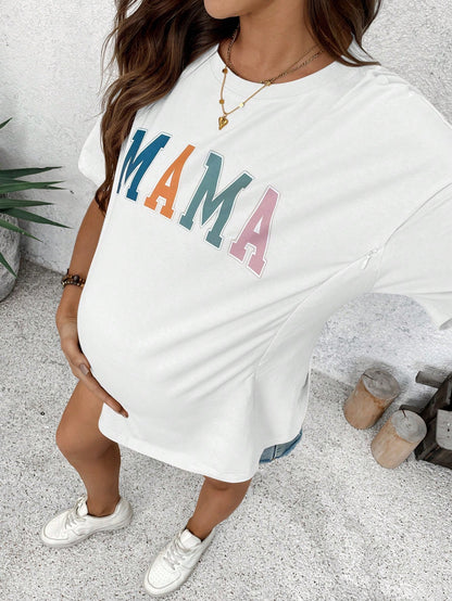 Nursing Maternity Round Neck Letter Print Casual Short Sleeve T-Shirt