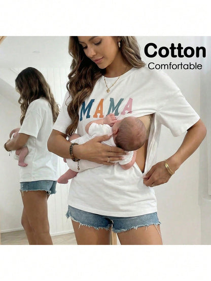 Nursing Maternity Round Neck Letter Print Casual Short Sleeve T-Shirt