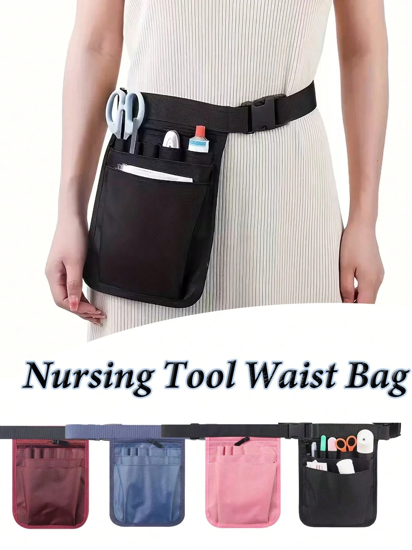 Nursing Tool Waist Bag- Polyester Tool Belt, Zipper Closure, Black, Machine Washable, Professional Medical Staff Storage Bag, Secure Storage Design, Nurse Accessories, Simple And Practical, Durable