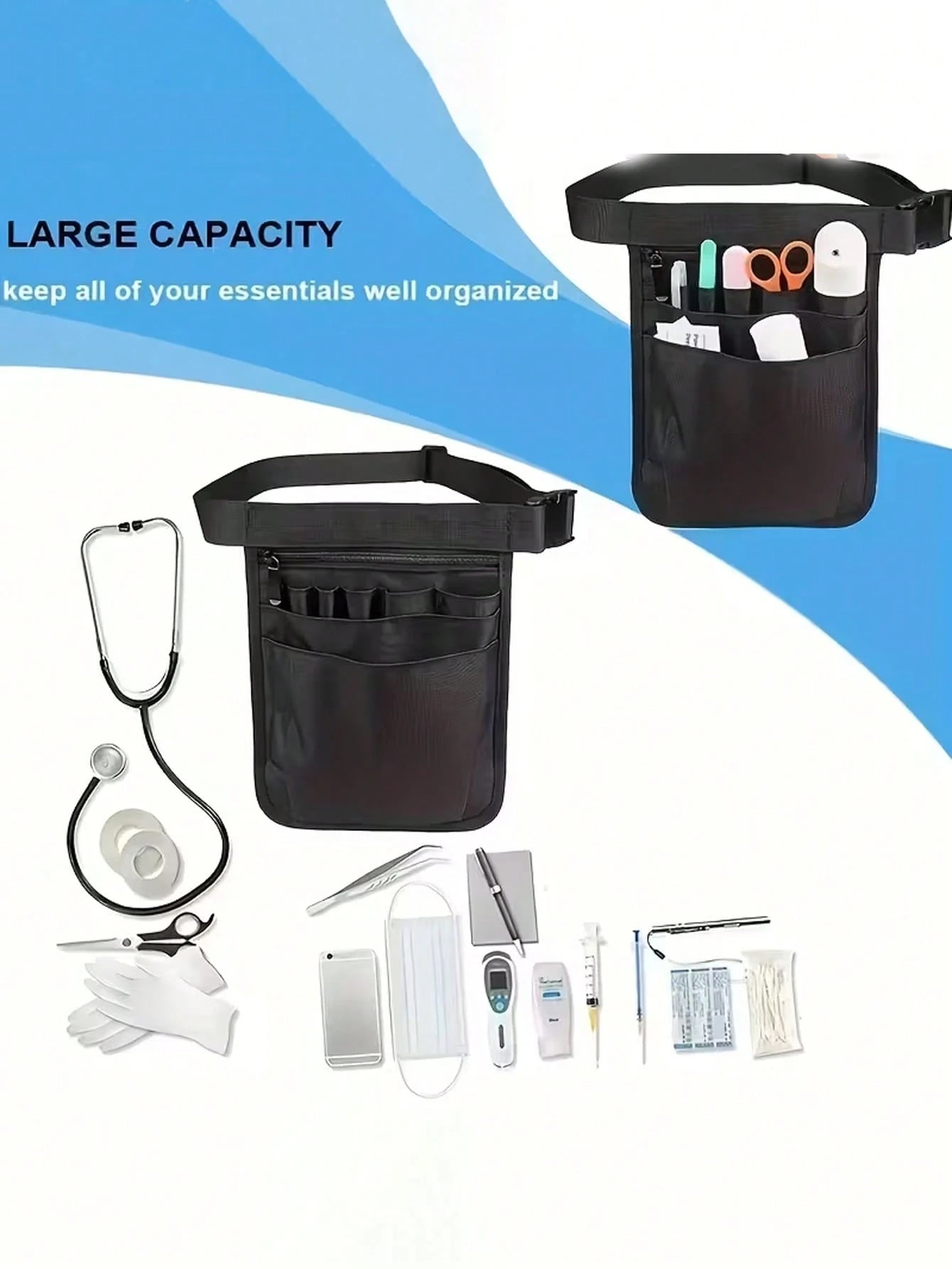 Nursing Tool Waist Bag- Polyester Tool Belt, Zipper Closure, Black, Machine Washable, Professional Medical Staff Storage Bag, Secure Storage Design, Nurse Accessories, Simple And Practical, Durable