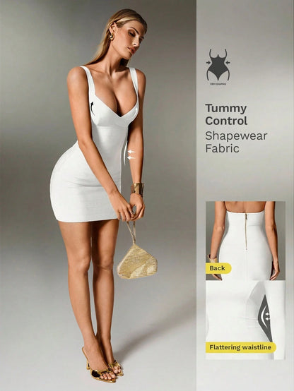 Nuvra White Summer Bandage Mini Dress,Solid Color Knit Spaghetti Strap Sleeveless Bodycon Party Holiday Dress For Women Tummy Control Shapewear Club