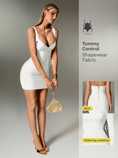 Nuvra White Summer Bandage Mini Dress,Solid Color Knit Spaghetti Strap Sleeveless Bodycon Party Holiday Dress For Women Tummy Control Shapewear Club