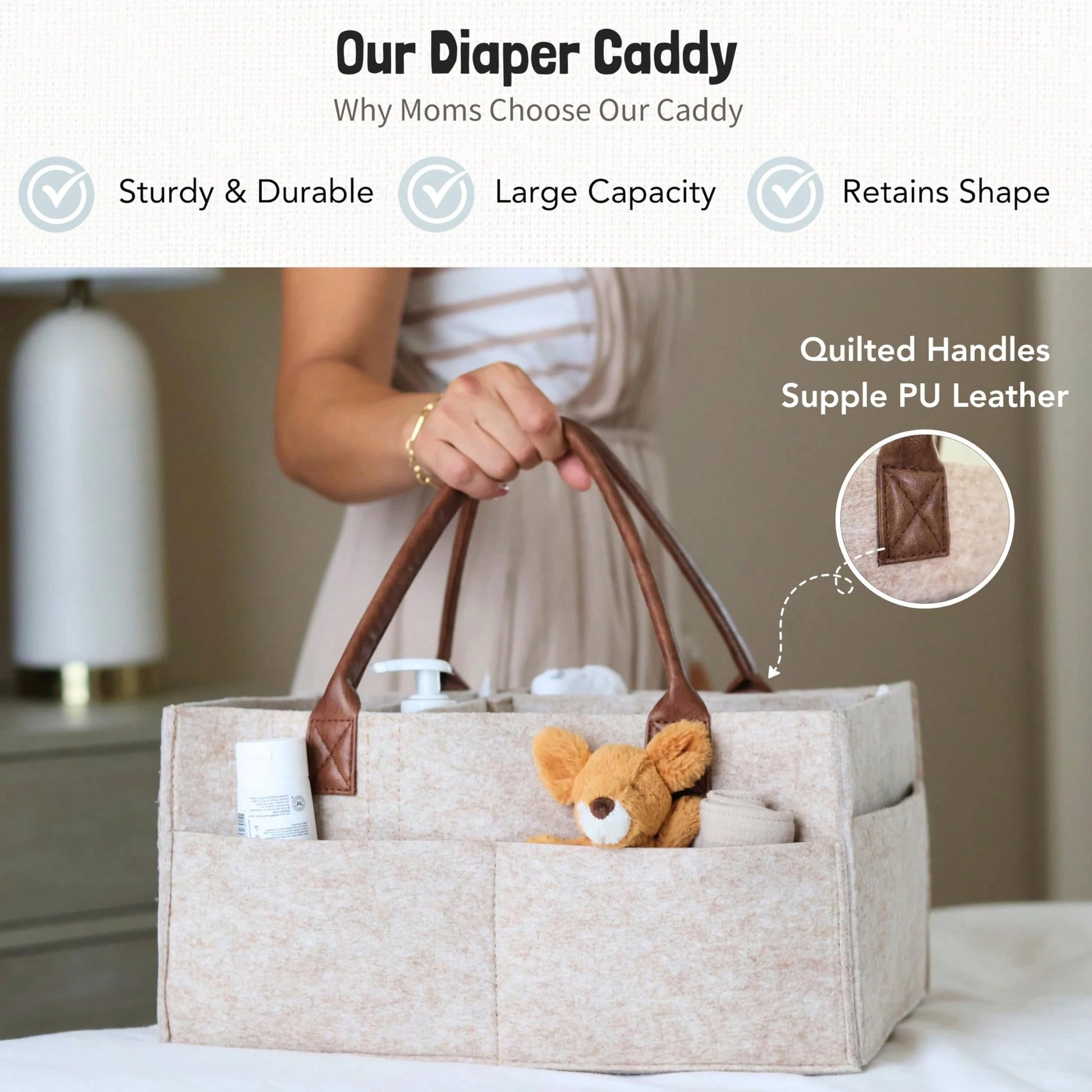 Oaoleer Sand Baby Diaper Caddy Organizer, Nursery Storage Basket For Newborn Essentials, Baby Shower Registry Gift, Diaper Wipe Car Organizer