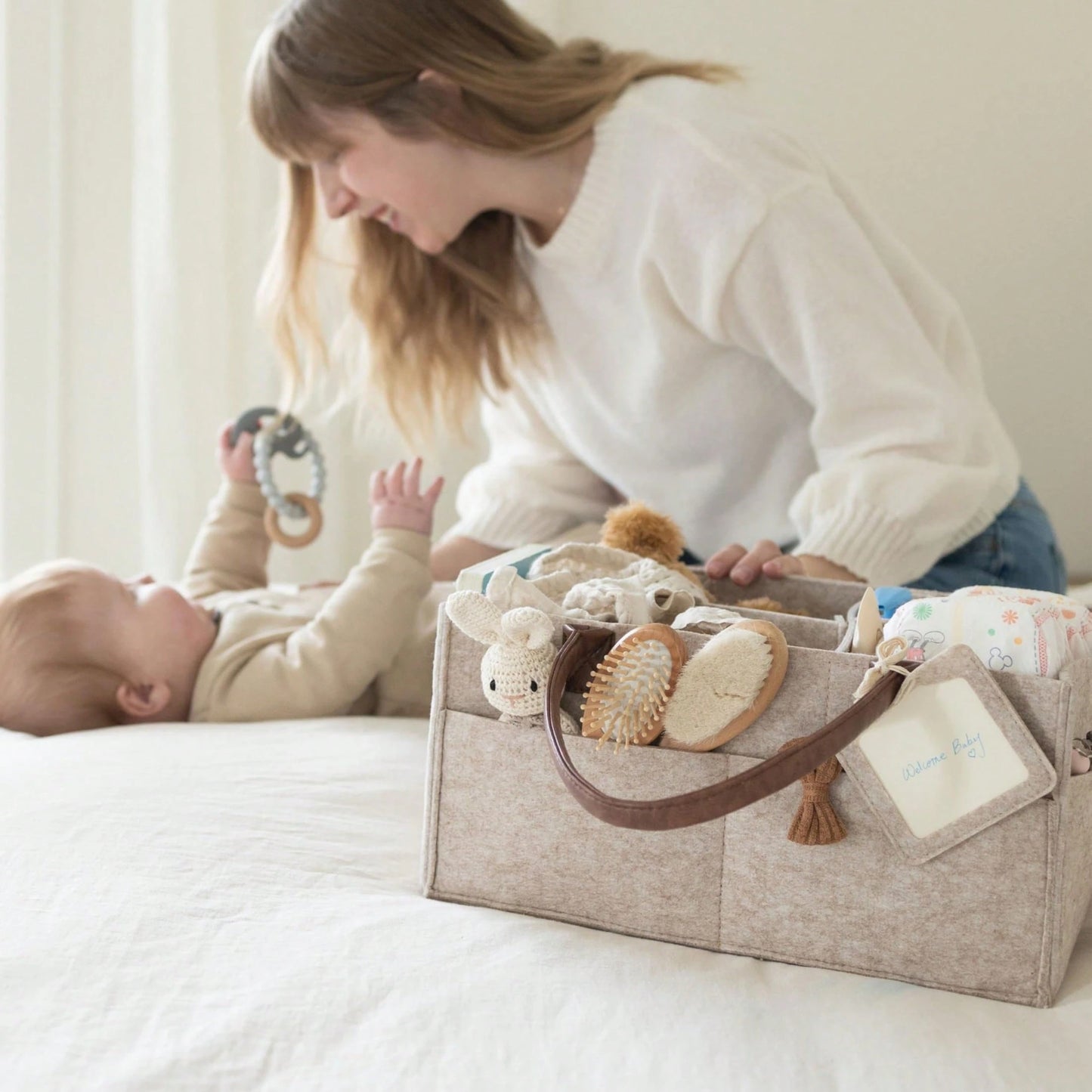 Oaoleer Sand Baby Diaper Caddy Organizer, Nursery Storage Basket For Newborn Essentials, Baby Shower Registry Gift, Diaper Wipe Car Organizer