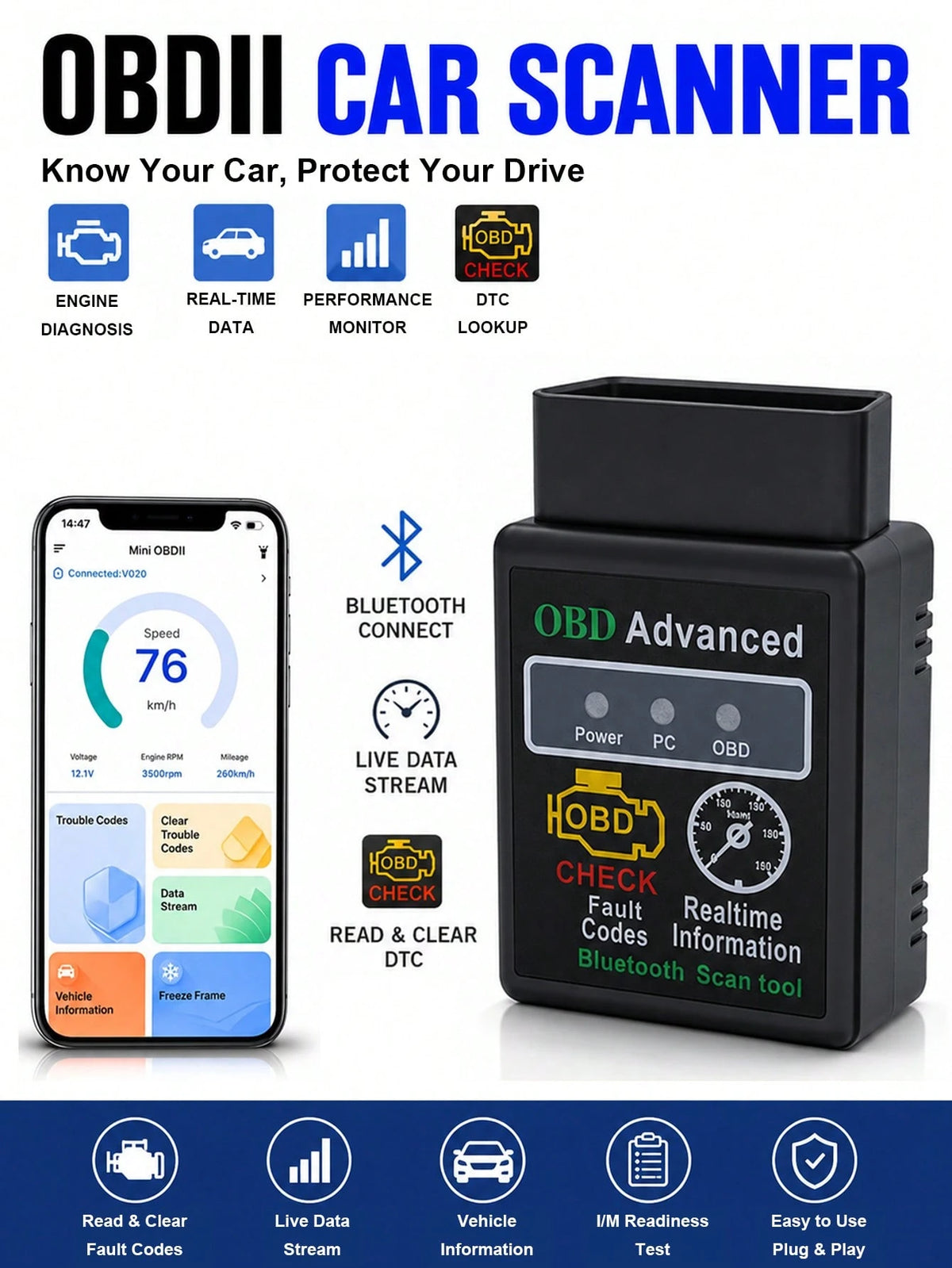 OBD2 Diagnostic Scanner Bluetooth Car Diagnostic Tool Compatible With All OBDII Protocol Vehicles Since 1996, Featuring I/M Readiness Check, Battery Test, Performance Test, Fault Code Reading And Clea