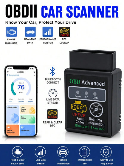 OBD2 Diagnostic Scanner Bluetooth Car Diagnostic Tool Compatible With All OBDII Protocol Vehicles Since 1996, Featuring I/M Readiness Check, Battery Test, Performance Test, Fault Code Reading And Clea