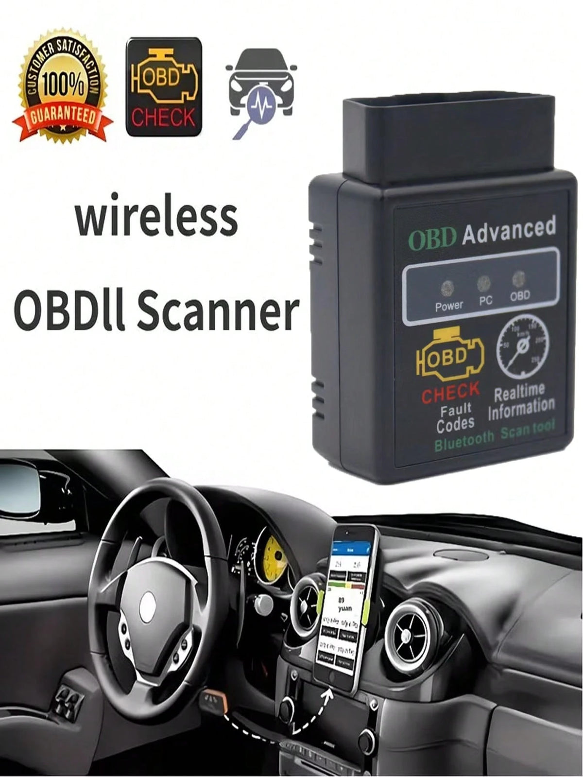 OBD2 Diagnostic Scanner Bluetooth Car Diagnostic Tool Compatible With All OBDII Protocol Vehicles Since 1996, Featuring I/M Readiness Check, Battery Test, Performance Test, Fault Code Reading And Clea