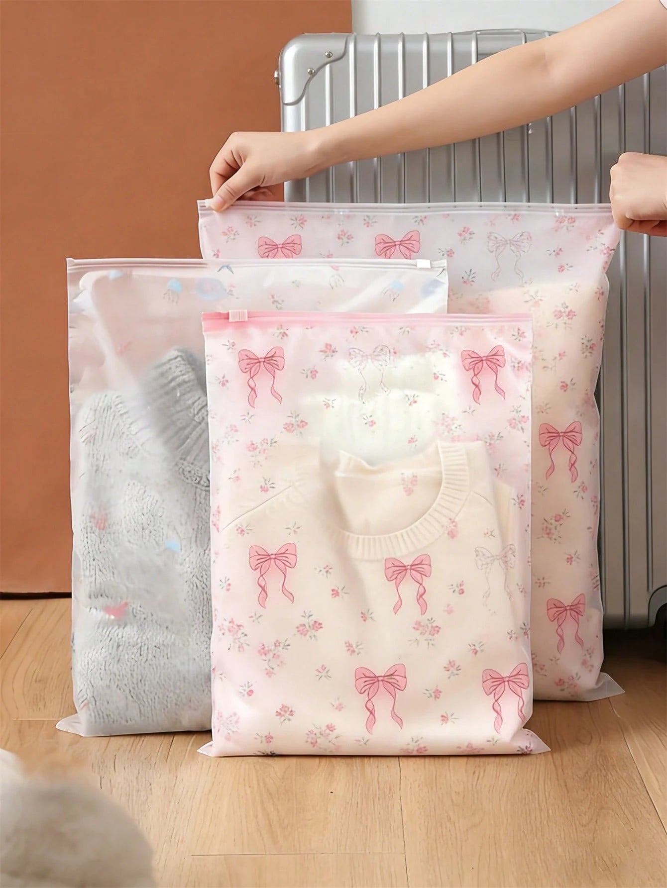 OBOVAY 3/6/18/24pcs Baby Transparent Floral Bow Zipper Clothing Storage Bags, Durable, Suitable For Baby Clothing Essentials, Home Travel Luggage Organization