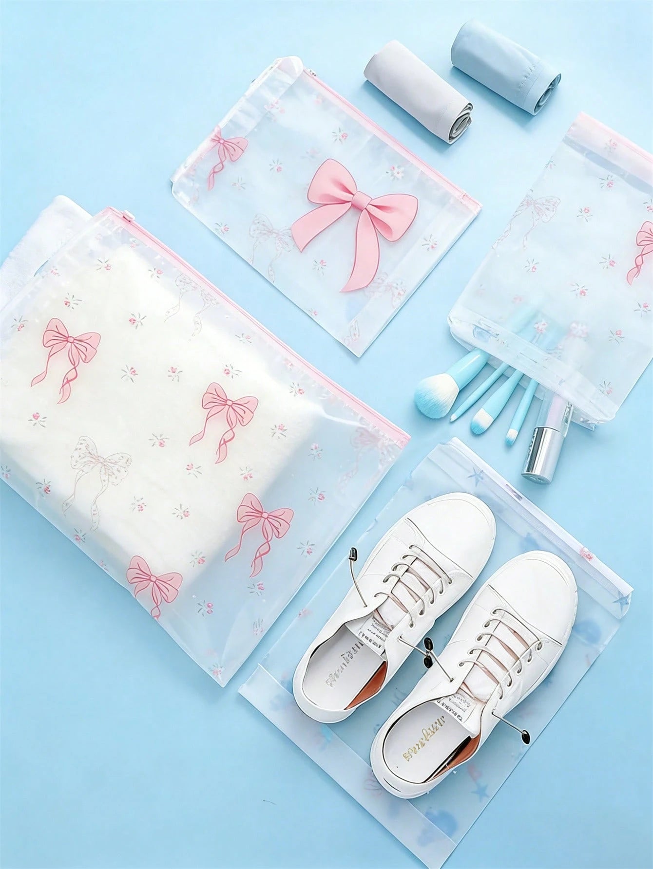 OBOVAY 3/6/18/24pcs Baby Transparent Floral Bow Zipper Clothing Storage Bags, Durable, Suitable For Baby Clothing Essentials, Home Travel Luggage Organization