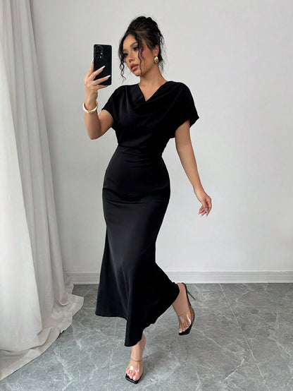 Olia Maree Solid Color Elegant & Romantic Draped Neck Backstrap Waist-Cinching Mermaid Dress For Women, Early Spring