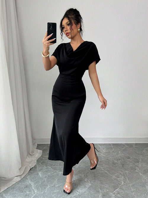 Olia Maree Solid Color Elegant & Romantic Draped Neck Backstrap Waist-Cinching Mermaid Dress For Women, Early Spring