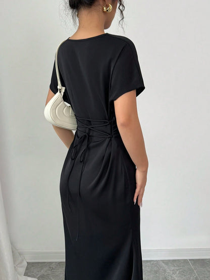 Olia Maree Solid Color Elegant & Romantic Draped Neck Backstrap Waist-Cinching Mermaid Dress For Women, Early Spring