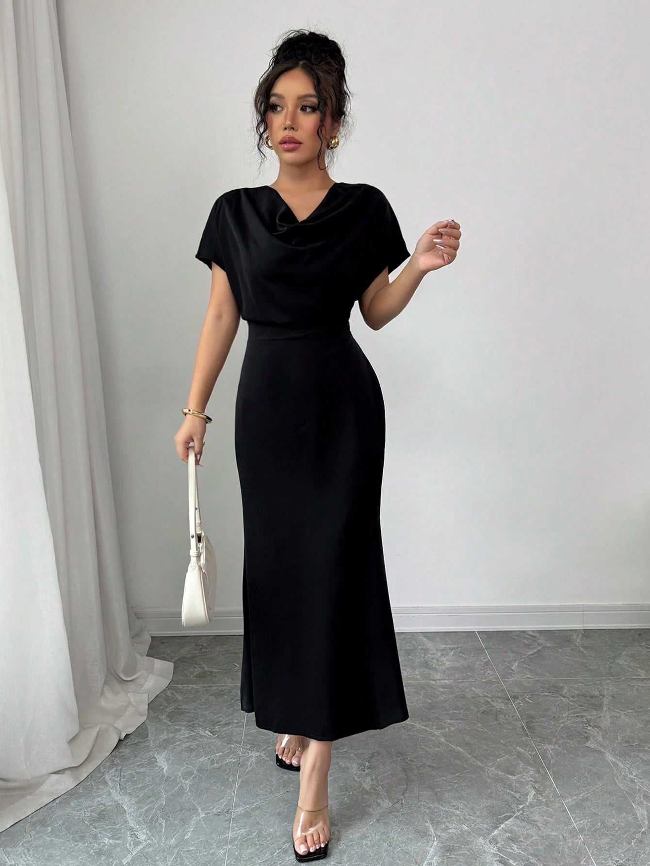 Olia Maree Solid Color Elegant & Romantic Draped Neck Backstrap Waist-Cinching Mermaid Dress For Women, Early Spring