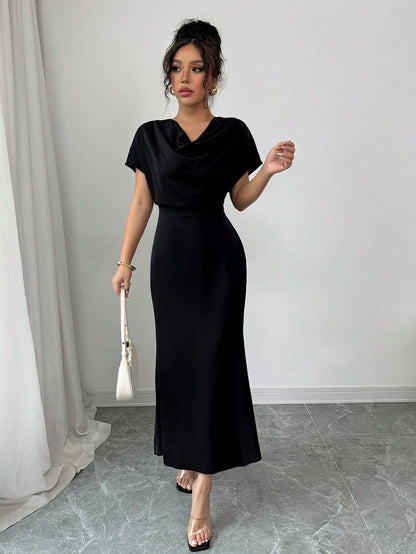 Olia Maree Solid Color Elegant & Romantic Draped Neck Backstrap Waist-Cinching Mermaid Dress For Women, Early Spring