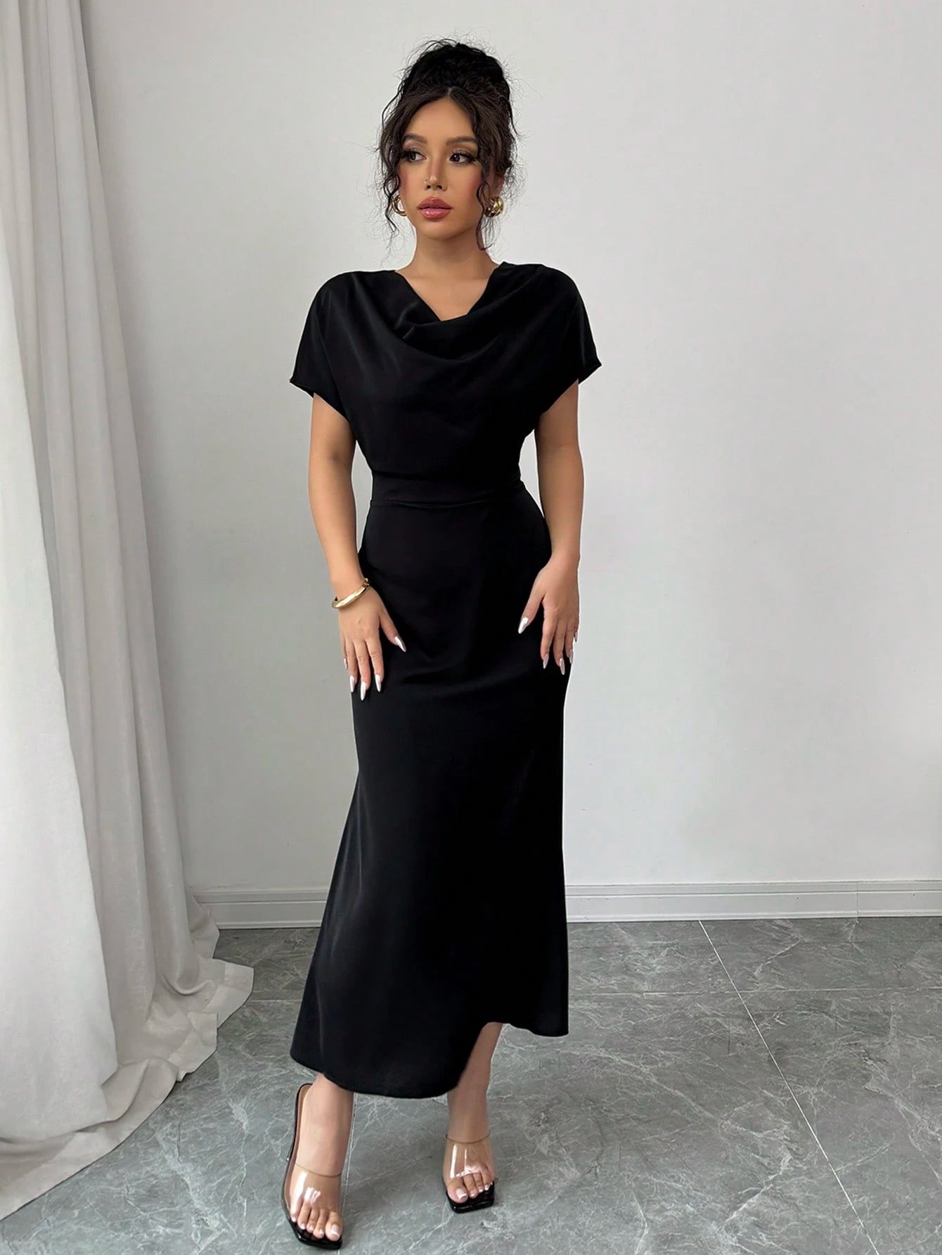 Olia Maree Solid Color Elegant & Romantic Draped Neck Backstrap Waist-Cinching Mermaid Dress For Women, Early Spring