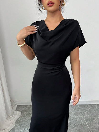 Olia Maree Solid Color Elegant & Romantic Draped Neck Backstrap Waist-Cinching Mermaid Dress For Women, Early Spring