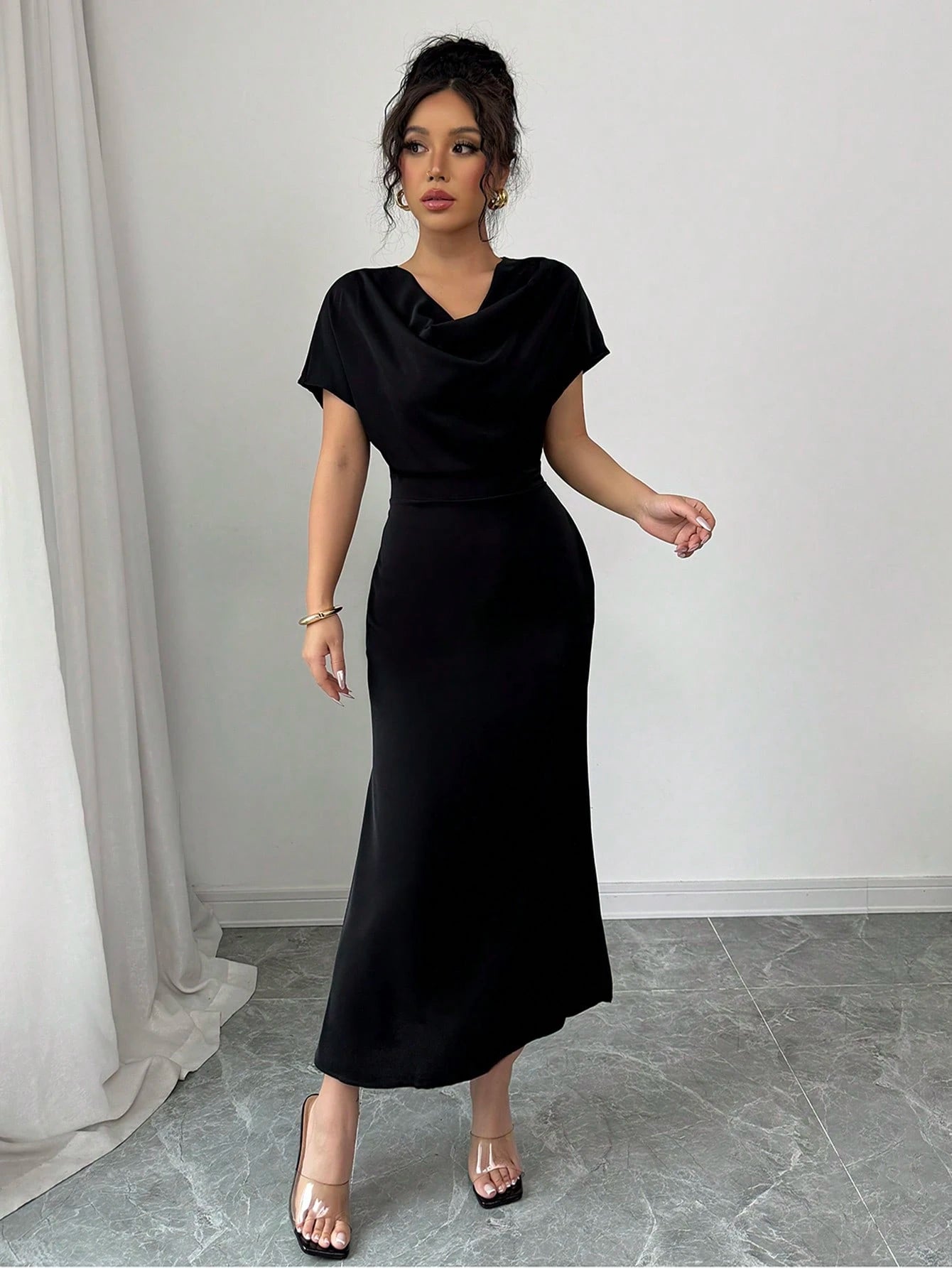 Olia Maree Solid Color Elegant & Romantic Draped Neck Backstrap Waist-Cinching Mermaid Dress For Women, Early Spring