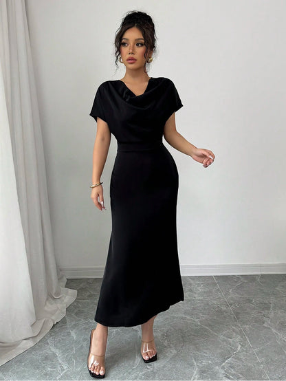Olia Maree Solid Color Elegant & Romantic Draped Neck Backstrap Waist-Cinching Mermaid Dress For Women, Early Spring