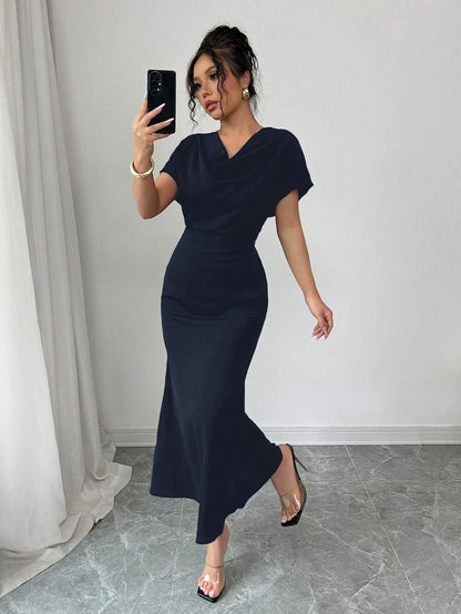Olia Maree Solid Color Elegant & Romantic Draped Neck Backstrap Waist-Cinching Mermaid Dress For Women, Early Spring
