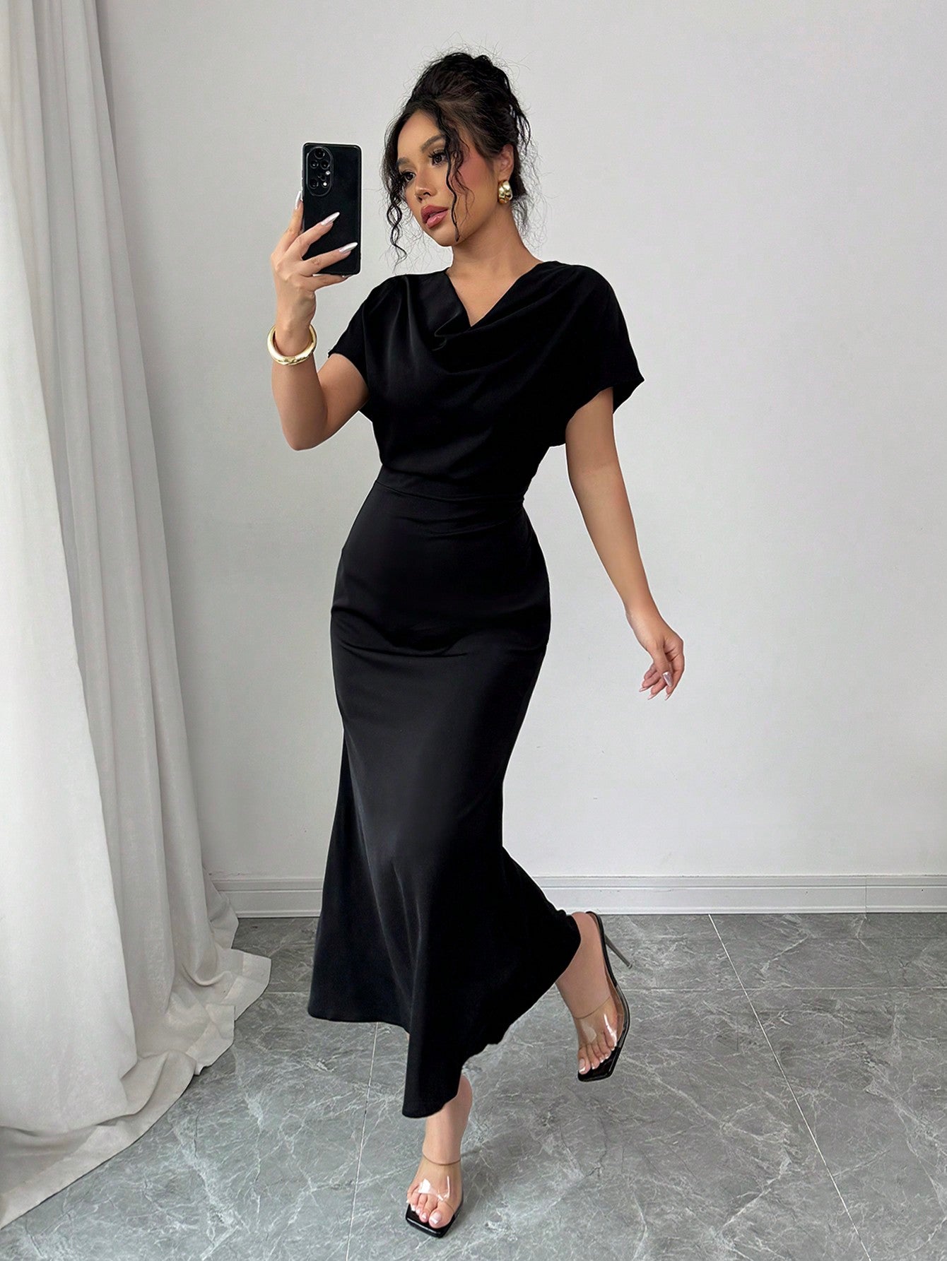 Olia Maree Solid Color Elegant & Romantic Draped Neck Backstrap Waist-Cinching Mermaid Dress For Women, Early Spring