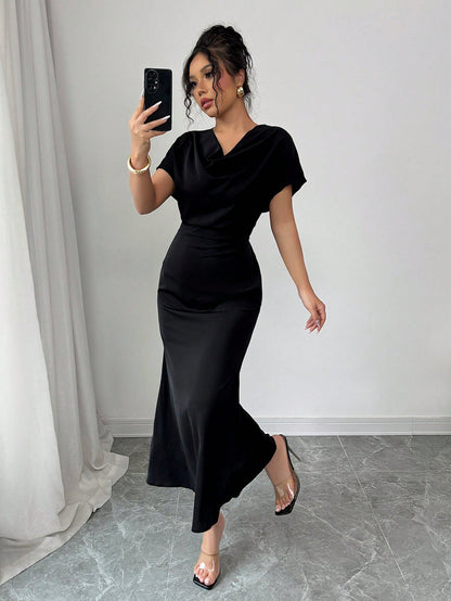Olia Maree Solid Color Elegant & Romantic Draped Neck Backstrap Waist-Cinching Mermaid Dress For Women, Early Spring