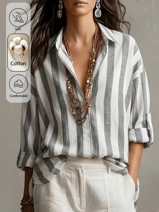 Omancia Women's Elegant Blue And White Stripe Long Sleeve Shirt,Summer Casual Vacation Holiday Retro Minimalist Hidden Button Shirt Collar Brunch Top