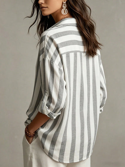 Omancia Women's Elegant Blue And White Stripe Long Sleeve Shirt,Summer Casual Vacation Holiday Retro Minimalist Hidden Button Shirt Collar Brunch Top