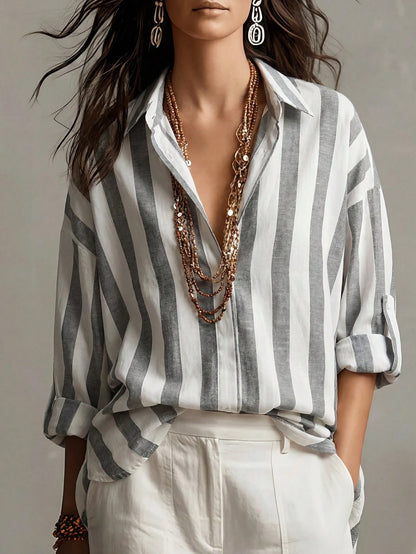 Omancia Women's Elegant Blue And White Stripe Long Sleeve Shirt,Summer Casual Vacation Holiday Retro Minimalist Hidden Button Shirt Collar Brunch Top