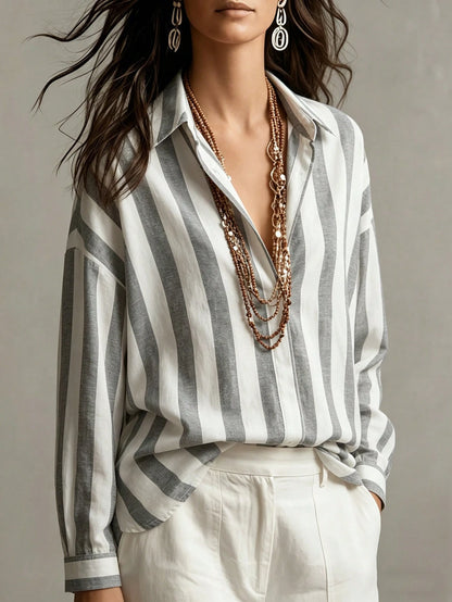 Omancia Women's Elegant Blue And White Stripe Long Sleeve Shirt,Summer Casual Vacation Holiday Retro Minimalist Hidden Button Shirt Collar Brunch Top