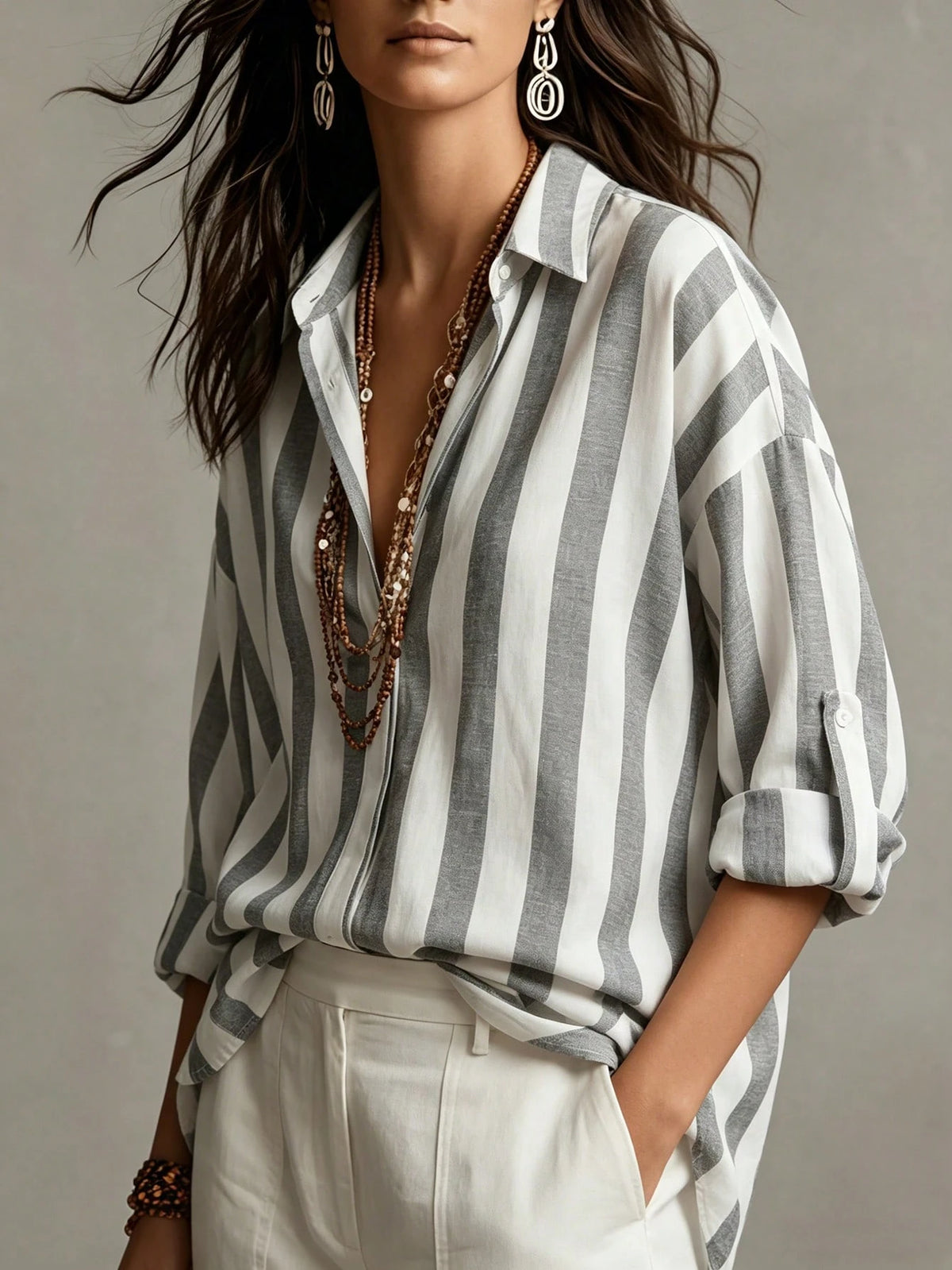 Omancia Women's Elegant Blue And White Stripe Long Sleeve Shirt,Summer Casual Vacation Holiday Retro Minimalist Hidden Button Shirt Collar Brunch Top