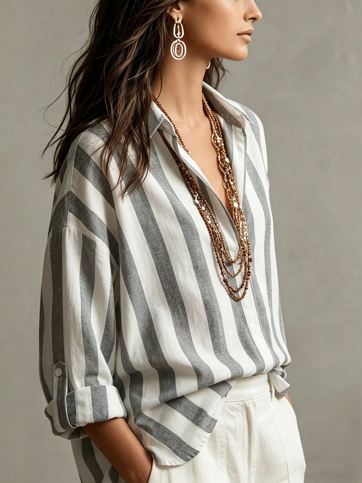 Omancia Women's Elegant Blue And White Stripe Long Sleeve Shirt,Summer Casual Vacation Holiday Retro Minimalist Hidden Button Shirt Collar Brunch Top