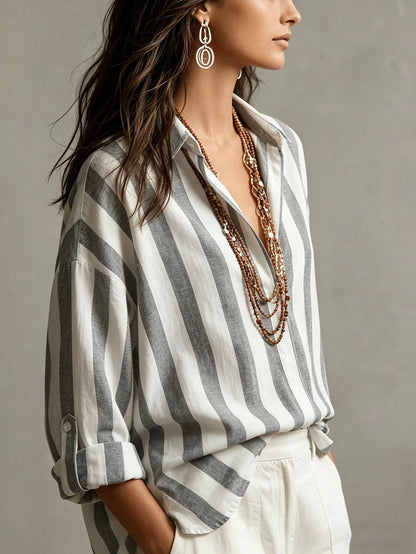 Omancia Women's Elegant Blue And White Stripe Long Sleeve Shirt,Summer Casual Vacation Holiday Retro Minimalist Hidden Button Shirt Collar Brunch Top