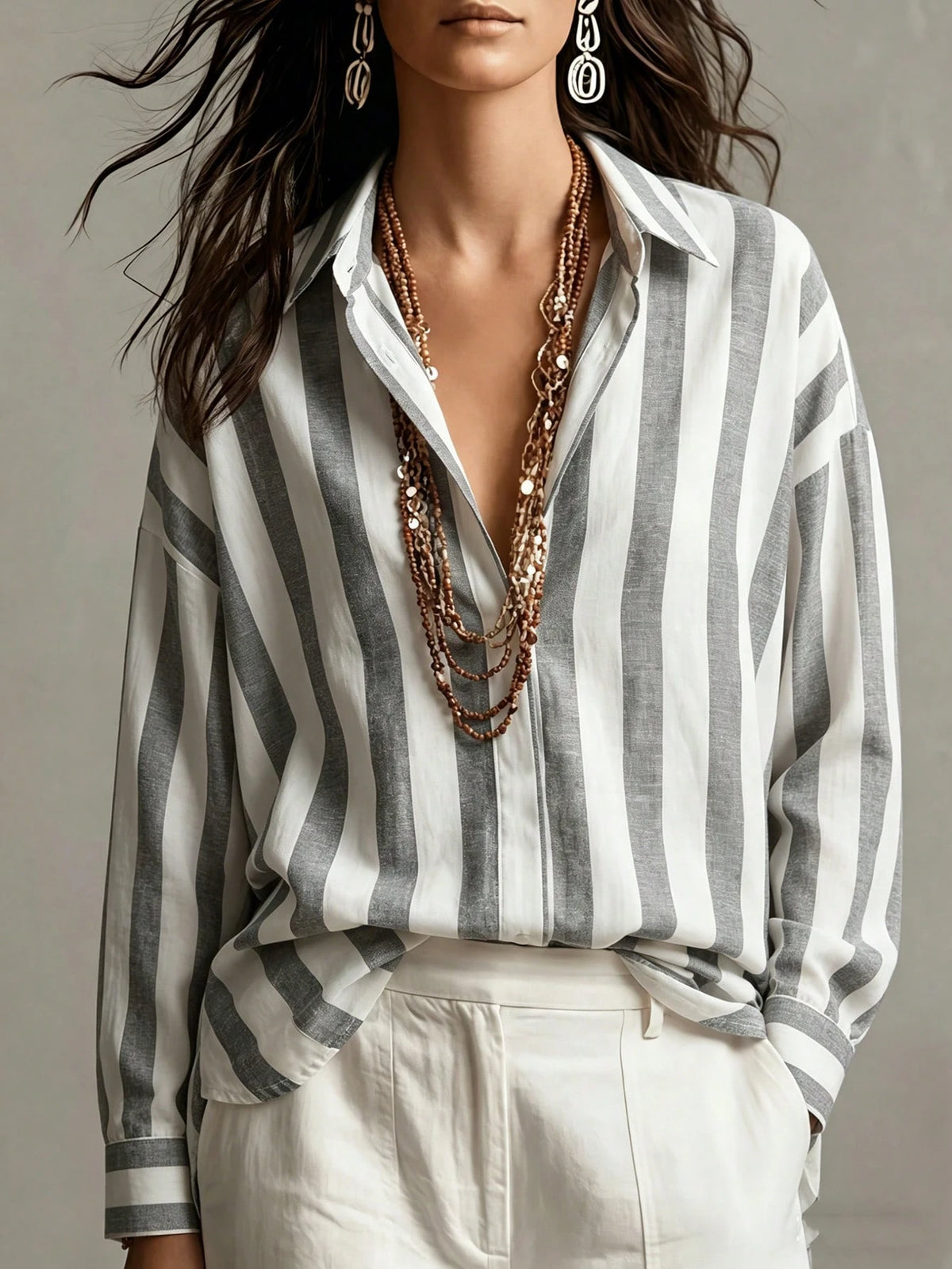 Omancia Women's Elegant Blue And White Stripe Long Sleeve Shirt,Summer Casual Vacation Holiday Retro Minimalist Hidden Button Shirt Collar Brunch Top