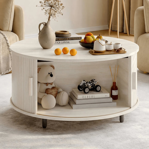 ONBRILL White Round Coffee Table With Storage, 31.5" Coffee Table With 360° Sliding Tambour Door, Fluted Wood Accent Coffee Table With Adjustable Footpads, Mid Century Modern Round Center Table For Li
