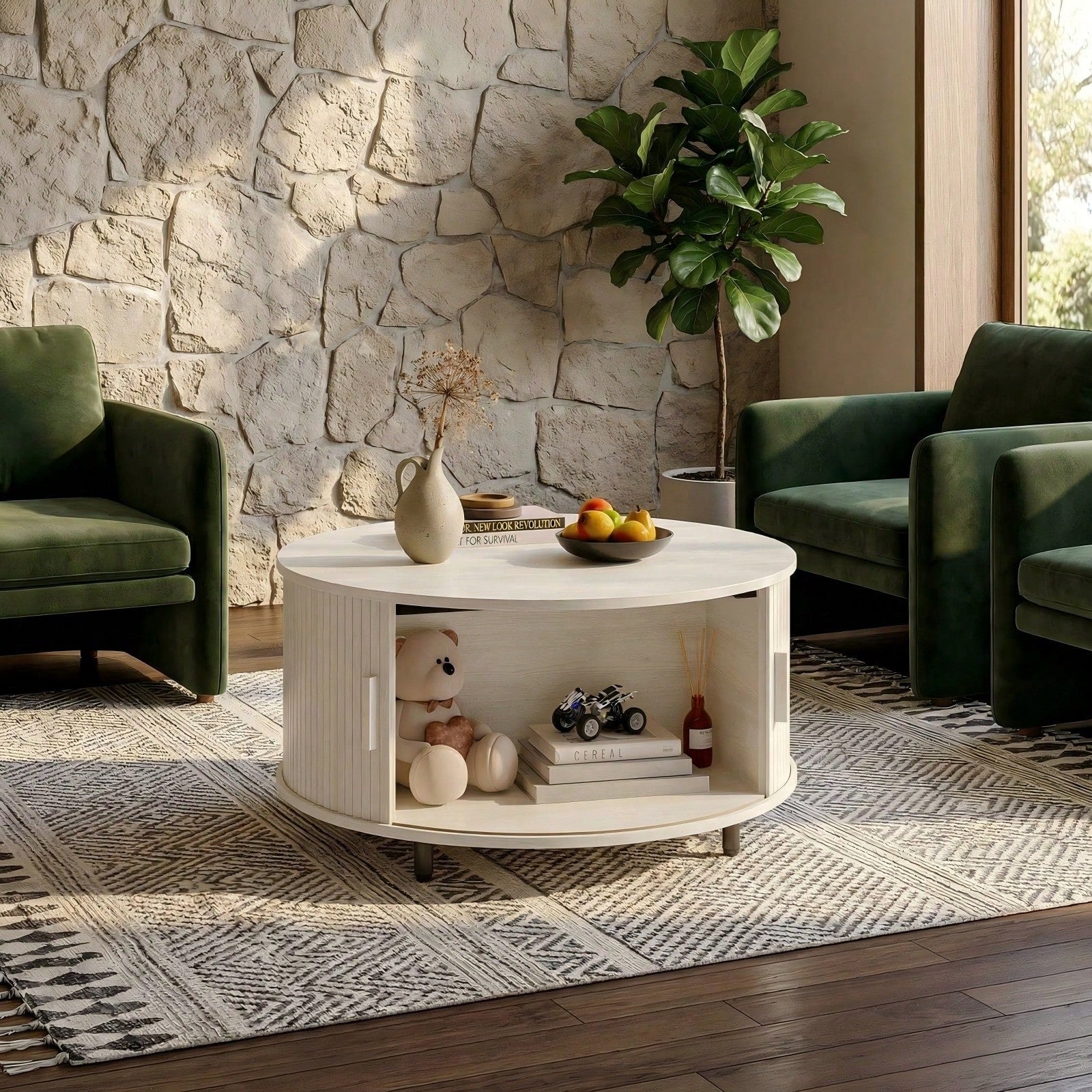 ONBRILL White Round Coffee Table With Storage, 31.5" Coffee Table With 360° Sliding Tambour Door, Fluted Wood Accent Coffee Table With Adjustable Footpads, Mid Century Modern Round Center Table For Li