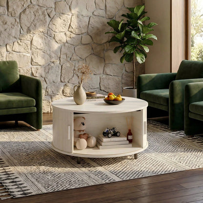 ONBRILL White Round Coffee Table With Storage, 31.5" Coffee Table With 360° Sliding Tambour Door, Fluted Wood Accent Coffee Table With Adjustable Footpads, Mid Century Modern Round Center Table For Li