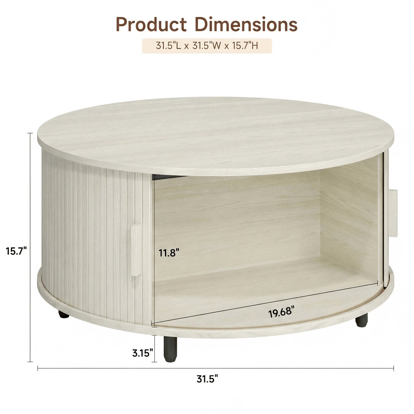 ONBRILL White Round Coffee Table With Storage, 31.5" Coffee Table With 360° Sliding Tambour Door, Fluted Wood Accent Coffee Table With Adjustable Footpads, Mid Century Modern Round Center Table For Li